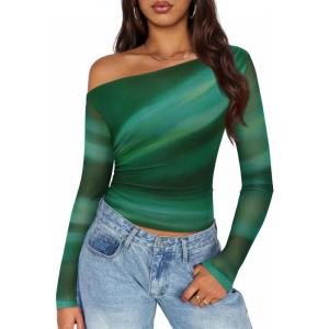imageZESICA Womens Floral Off Shoulder Long Sleeve Tops 2025 Fall Mesh Ruched Fitted Trendy Going Out Shirts BlousesGreen
