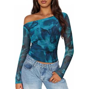 imageZESICA Womens Floral Off Shoulder Long Sleeve Tops 2025 Fall Mesh Ruched Fitted Trendy Going Out Shirts BlousesLakeblue