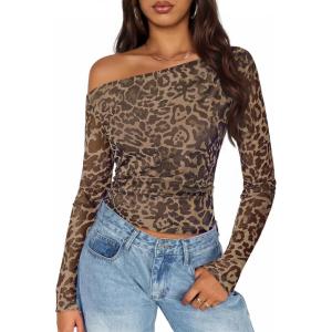 imageZESICA Womens Floral Off Shoulder Long Sleeve Tops 2025 Fall Mesh Ruched Fitted Trendy Going Out Shirts BlousesLeopardbrown