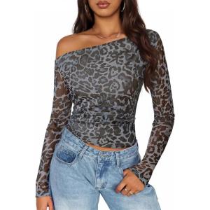 imageZESICA Womens Floral Off Shoulder Long Sleeve Tops 2025 Fall Mesh Ruched Fitted Trendy Going Out Shirts BlousesLeopardgray