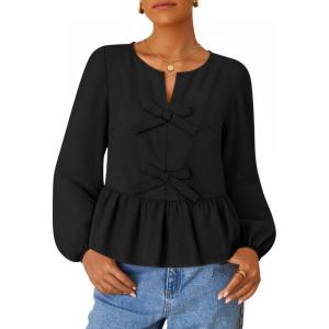 imageZESICA Womens Long Sleeve Babydoll Tops Crewneck Tie Front Casual Loose Ruffle Flowy Peplum Shirts 2025 Fall BlousesBlack