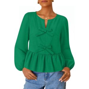 imageZESICA Womens Long Sleeve Babydoll Tops Crewneck Tie Front Casual Loose Ruffle Flowy Peplum Shirts 2025 Fall BlousesGreen