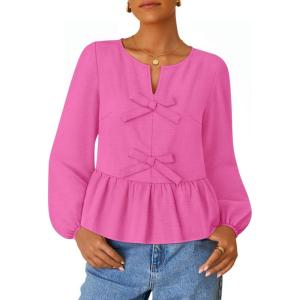 imageZESICA Womens Long Sleeve Babydoll Tops Crewneck Tie Front Casual Loose Ruffle Flowy Peplum Shirts 2025 Fall BlousesHot Pink