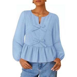 imageZESICA Womens Long Sleeve Babydoll Tops Crewneck Tie Front Casual Loose Ruffle Flowy Peplum Shirts 2025 Fall BlousesSky