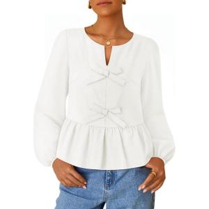 imageZESICA Womens Long Sleeve Babydoll Tops Crewneck Tie Front Casual Loose Ruffle Flowy Peplum Shirts 2025 Fall BlousesWhite