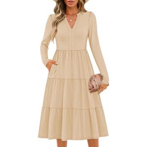 imageZESICA Womens Long Sleeve Fall Dresses 2025 Fashion V Neck Casual Loose Ruffle Flowy A Line Tiered Midi DressApricot