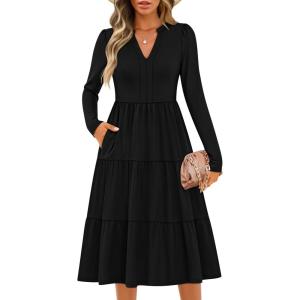 imageZESICA Womens Long Sleeve Fall Dresses 2025 Fashion V Neck Casual Loose Ruffle Flowy A Line Tiered Midi DressBlack