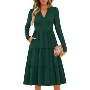 imageZESICA Womens Long Sleeve Fall Dresses 2025 Fashion V Neck Casual Loose Ruffle Flowy A Line Tiered Midi DressDarkgreen