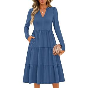 imageZESICA Womens Long Sleeve Fall Dresses 2025 Fashion V Neck Casual Loose Ruffle Flowy A Line Tiered Midi DressDustyblue