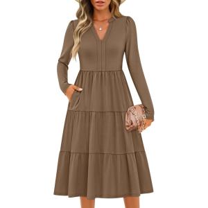 imageZESICA Womens Long Sleeve Fall Dresses 2025 Fashion V Neck Casual Loose Ruffle Flowy A Line Tiered Midi DressKhaki