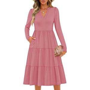 imageZESICA Womens Long Sleeve Fall Dresses 2025 Fashion V Neck Casual Loose Ruffle Flowy A Line Tiered Midi DressPink