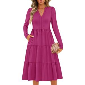 imageZESICA Womens Long Sleeve Fall Dresses 2025 Fashion V Neck Casual Loose Ruffle Flowy A Line Tiered Midi DressRose