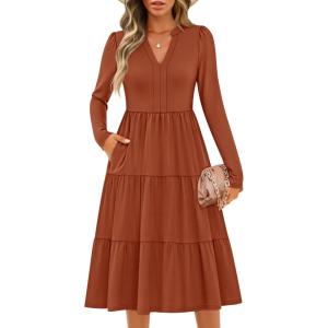 imageZESICA Womens Long Sleeve Fall Dresses 2025 Fashion V Neck Casual Loose Ruffle Flowy A Line Tiered Midi DressRust