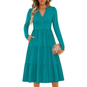 imageZESICA Womens Long Sleeve Fall Dresses 2025 Fashion V Neck Casual Loose Ruffle Flowy A Line Tiered Midi DressTurquoise