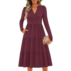 imageZESICA Womens Long Sleeve Fall Dresses 2025 Fashion V Neck Casual Loose Ruffle Flowy A Line Tiered Midi DressWine