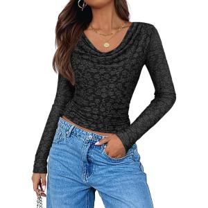 imageZESICA Womens Long Sleeve Floral Tops Cowl Neck Slim Fit Going Out Shirts 2025 Fall Fashion Outfits ClothesBlack