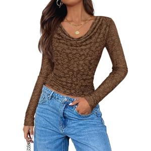 imageZESICA Womens Long Sleeve Floral Tops Cowl Neck Slim Fit Going Out Shirts 2025 Fall Fashion Outfits ClothesCoffee