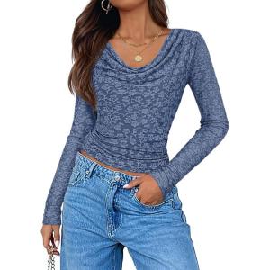 imageZESICA Womens Long Sleeve Floral Tops Cowl Neck Slim Fit Going Out Shirts 2025 Fall Fashion Outfits ClothesDustyblue