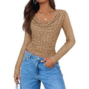 imageZESICA Womens Long Sleeve Floral Tops Cowl Neck Slim Fit Going Out Shirts 2025 Fall Fashion Outfits ClothesKhaki