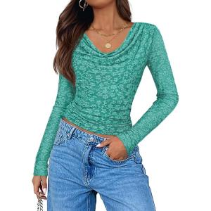 imageZESICA Womens Long Sleeve Floral Tops Cowl Neck Slim Fit Going Out Shirts 2025 Fall Fashion Outfits ClothesPeacock
