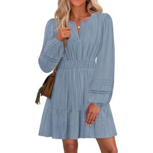 imageZESICA Womens Long Sleeve Mini Dresses 2025 Fall Lightweight V Neck High Waist A Line Flowy Swing Casual Party DressDustyblue