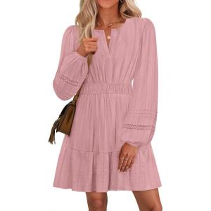 imageZESICA Womens Long Sleeve Mini Dresses 2025 Fall Lightweight V Neck High Waist A Line Flowy Swing Casual Party DressPink