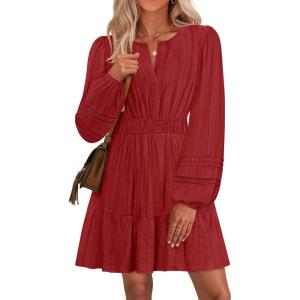 imageZESICA Womens Long Sleeve Mini Dresses 2025 Fall Lightweight V Neck High Waist A Line Flowy Swing Casual Party DressRed