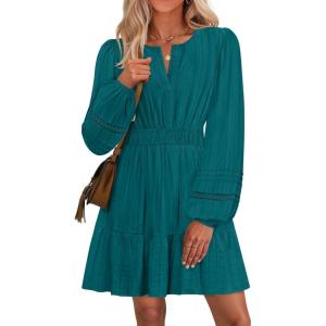 imageZESICA Womens Long Sleeve Mini Dresses 2025 Fall Lightweight V Neck High Waist A Line Flowy Swing Casual Party DressTeal