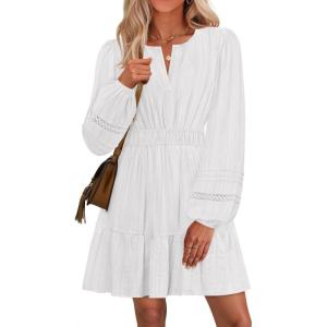 imageZESICA Womens Long Sleeve Mini Dresses 2025 Fall Lightweight V Neck High Waist A Line Flowy Swing Casual Party DressWhite