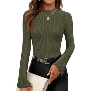 imageZESICA Womens Long Sleeve Shirts 2025 Fall Mock Neck Ribbed Knit Slim Fit Tops Basic Tees Going Out Outfits ClothesArmygreen