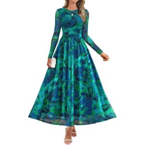 imageZESICA Womens Maxi Dress 2025 Fall Long Sleeve Crewneck Floral Print Mesh Ruched Party Wedding Guest DressesGreen
