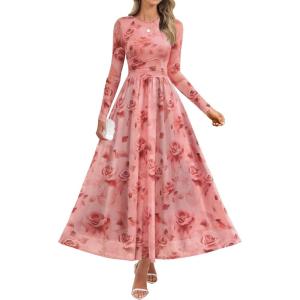 imageZESICA Womens Maxi Dress 2025 Fall Long Sleeve Crewneck Floral Print Mesh Ruched Party Wedding Guest DressesPink