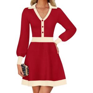 imageZESICA Womens Spring Long Sleeve V Neck Sweater Dress Collar Ribbed Knit Mini DressesRed