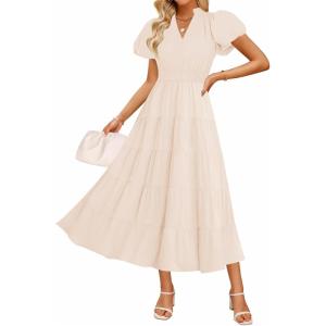 imageZESICA Womens Summer Casual Maxi Dress 2025 Puff Short Sleeve V Neck Ruffle Tiered Flowy Boho Beach DressesApricot