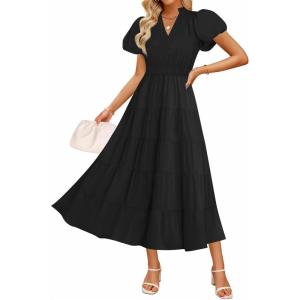imageZESICA Womens Summer Casual Maxi Dress 2025 Puff Short Sleeve V Neck Ruffle Tiered Flowy Boho Beach DressesBlack