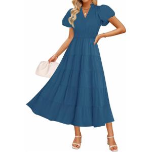 imageZESICA Womens Summer Casual Maxi Dress 2025 Puff Short Sleeve V Neck Ruffle Tiered Flowy Boho Beach DressesDarkblue