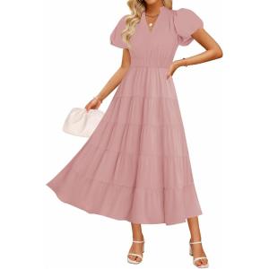 imageZESICA Womens Summer Casual Maxi Dress 2025 Puff Short Sleeve V Neck Ruffle Tiered Flowy Boho Beach DressesDustypink