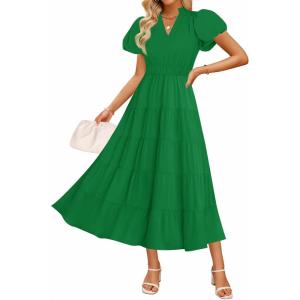 imageZESICA Womens Summer Casual Maxi Dress 2025 Puff Short Sleeve V Neck Ruffle Tiered Flowy Boho Beach DressesGreen