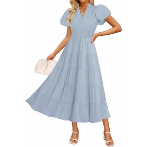 imageZESICA Womens Summer Casual Maxi Dress 2025 Puff Short Sleeve V Neck Ruffle Tiered Flowy Boho Beach DressesLightblue