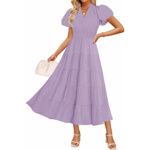 imageZESICA Womens Summer Casual Maxi Dress 2025 Puff Short Sleeve V Neck Ruffle Tiered Flowy Boho Beach DressesLilac