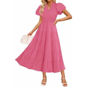 imageZESICA Womens Summer Casual Maxi Dress 2025 Puff Short Sleeve V Neck Ruffle Tiered Flowy Boho Beach DressesRose
