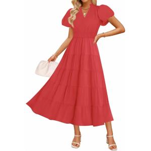 imageZESICA Womens Summer Casual Maxi Dress 2025 Puff Short Sleeve V Neck Ruffle Tiered Flowy Boho Beach DressesWatermelon