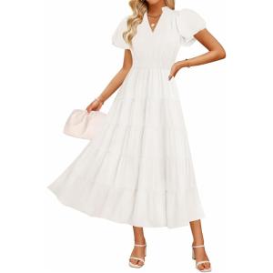 imageZESICA Womens Summer Casual Maxi Dress 2025 Puff Short Sleeve V Neck Ruffle Tiered Flowy Boho Beach DressesWhite