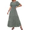 imageZESICA Womens 2025 Summer Casual Floral Print Short Flutter Sleeve Crew Neck Smocked High Waist Flowy Maxi DressOlive