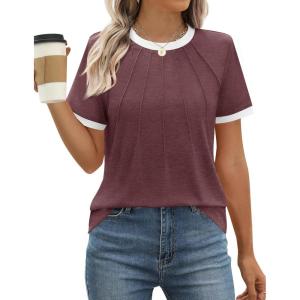 imageZESICA Womens Casual Short Sleeve Pleated Shirts 2025 Summer Dressy Crewneck Color Block TopsWine