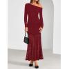 imageZESICA Womens Off Shoulder Cocktail Maxi Dresses 2025 Fall Long Sleeve Bodycon Ruched Lace Wedding Guest Party DressRed