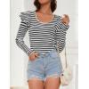 imageZESICA Womens Ruffle Long Sleeve Scoop Neck Shirt Striped Slim Fitted Casual Basic Tee Tops Trendy Spring ClothesBlack