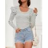 imageZESICA Womens Ruffle Long Sleeve Scoop Neck Shirt Striped Slim Fitted Casual Basic Tee Tops Trendy Spring ClothesGray