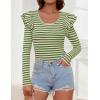 imageZESICA Womens Ruffle Long Sleeve Scoop Neck Shirt Striped Slim Fitted Casual Basic Tee Tops Trendy Spring ClothesGreen