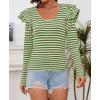 imageZESICA Womens Ruffle Long Sleeve Scoop Neck Shirt Striped Slim Fitted Casual Basic Tee Tops Trendy Spring ClothesGreen